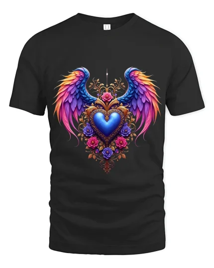 Angel Wings Heart Art Tee Spiritual Love Graphic T Shirt - black t-shirt on white background