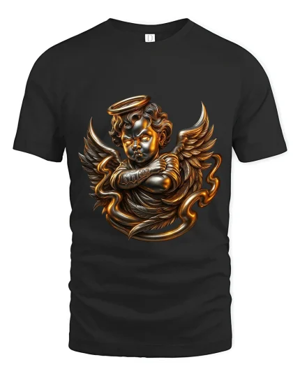 Golden Angel Cherub Art Tee Divine Fantasy Graphic T Shirt - black t-shirt on white background