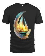 Dreamy Feather Sailboat Art Tee Colorful Ocean Graphic T Shirt - black t-shirt on white background