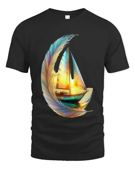 Dreamy Feather Sailboat Art Tee Colorful Ocean Graphic T Shirt - black t-shirt on white background