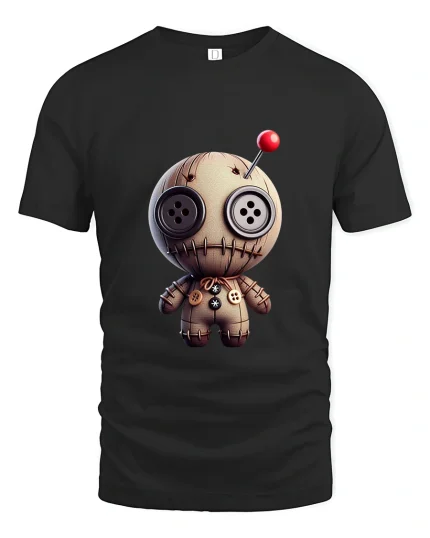 Cute Voodoo Doll Art Tee Funny Spooky Cartoon Graphic T Shirt - black t-shirt on white background