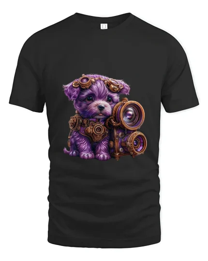 Cute Steampunk Puppy Photographer Art Tee Funny Graphic T Shirt - black t-shirt on white background