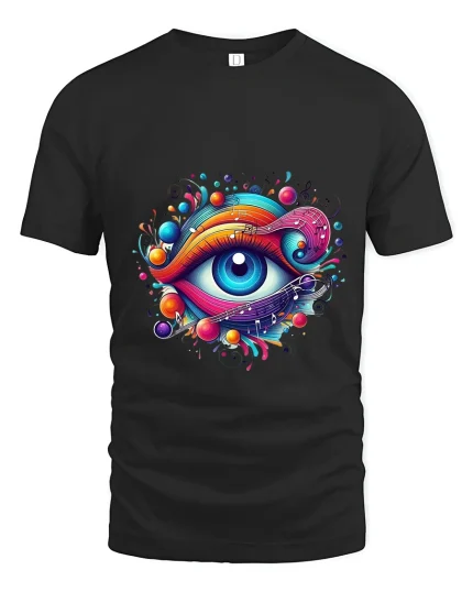 Colorful Music Eye Art Tee Psychedelic Creative Graphic T Shirt - black t-shirt on white background