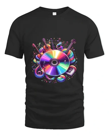 Colorful Music Instruments Art Tee Vibrant Sound Graphic T Shirt - black t-shirt on white background