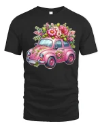 Cute Floral Vintage Car Art Tee Pink Flower Graphic T Shirt - black t-shirt on white background