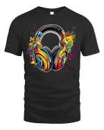 Colorful Music Headphones Art Tee Vibrant Sound Graphic T Shirt - black t-shirt on white background
