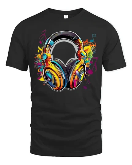 Colorful Music Headphones Art Tee Vibrant Sound Graphic T Shirt - black t-shirt on white background