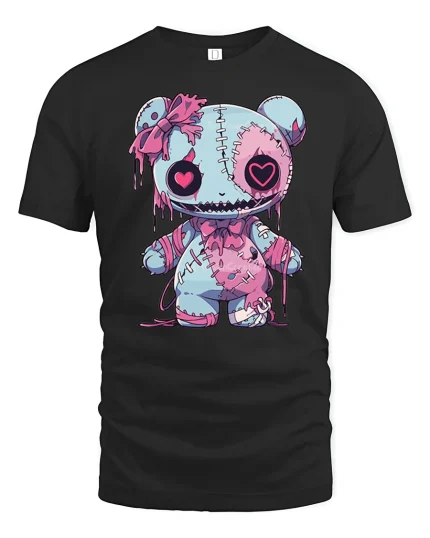 Cute Creepy Stitched Bear Art Tee Kawaii Gothic Graphic T Shirt - black t-shirt on white background