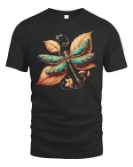Elegant Dragonfly Leaf Art Tee Nature Inspired Graphic T Shirt - black t-shirt on white background