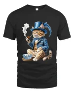 Gentleman Cat Smoking Pipe Art Tee Funny Vintage Graphic T Shirt - black t-shirt on white background