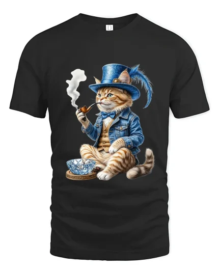Gentleman Cat Smoking Pipe Art Tee Funny Vintage Graphic T Shirt - black t-shirt on white background