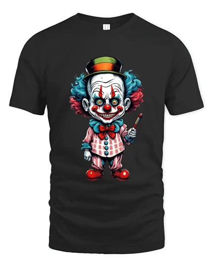 Creepy Clown Character Art Tee Funny Horror Graphic T Shirt - black t-shirt on white background