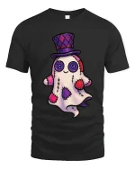 Cute Patchwork Ghost Art Tee Funny Spooky Cartoon Graphic T Shirt - black t-shirt on white background