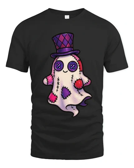 Cute Patchwork Ghost Art Tee Funny Spooky Cartoon Graphic T Shirt - black t-shirt on white background