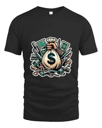 Money Bag Hustle Art Tee Funny Cash Graphic T Shirt Style - black t-shirt on white background
