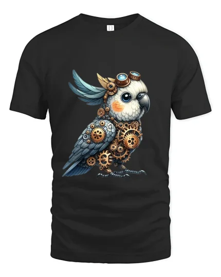Steampunk Owl Art Tee Mechanical Bird Graphic T Shirt Design - black t-shirt on white background