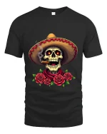 Smoking Skull Sombrero Art Tee Day Of The Dead Graphic T Shirt - black t-shirt on white background