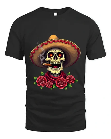 Smoking Skull Sombrero Art Tee Day Of The Dead Graphic T Shirt - black t-shirt on white background