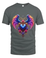 Angel Wings Heart Art Tee Spiritual Love Graphic T Shirt - gray t-shirt on white background
