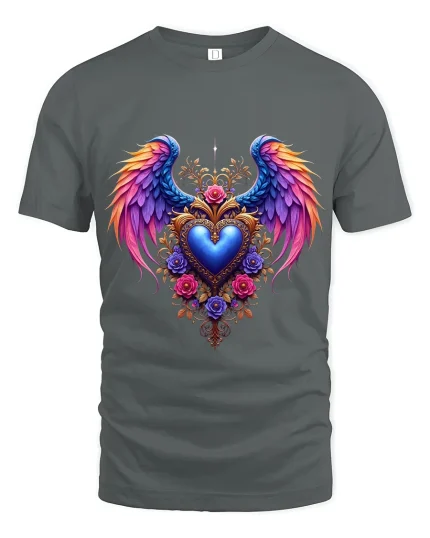 Angel Wings Heart Art Tee Spiritual Love Graphic T Shirt - gray t-shirt on white background