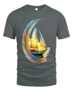 Dreamy Feather Sailboat Art Tee Colorful Ocean Graphic T Shirt - gray t-shirt on white background