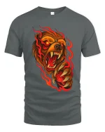 Raging Fire Bear Art Tee Fierce Animal Graphic T Shirt - gray t-shirt on white background