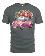 Cute Floral Vintage Car Art Tee Pink Flower Graphic T Shirt - gray t-shirt on white background