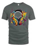 Colorful Music Headphones Art Tee Vibrant Sound Graphic T Shirt - gray t-shirt on white background