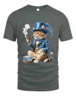 Gentleman Cat Smoking Pipe Art Tee Funny Vintage Graphic T Shirt - gray t-shirt on white background