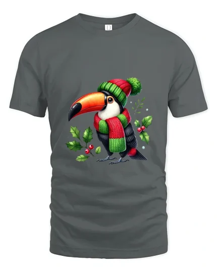 Cute Winter Toucan Art Tee Funny Holiday Animal Graphic T Shirt - gray t-shirt on white background