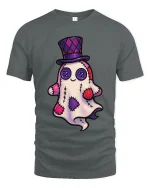 Cute Patchwork Ghost Art Tee Funny Spooky Cartoon Graphic T Shirt - gray t-shirt on white background