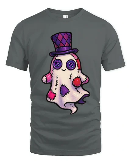 Cute Patchwork Ghost Art Tee Funny Spooky Cartoon Graphic T Shirt - gray t-shirt on white background