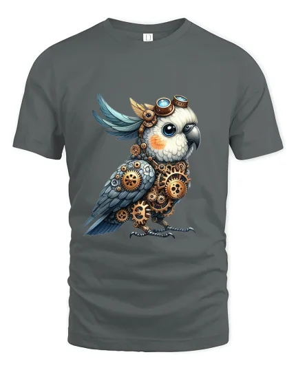 Steampunk Owl Art Tee Mechanical Bird Graphic T Shirt Design - gray t-shirt on white background