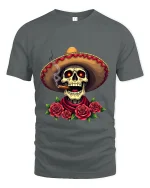 Smoking Skull Sombrero Art Tee Day Of The Dead Graphic T Shirt - gray t-shirt on white background
