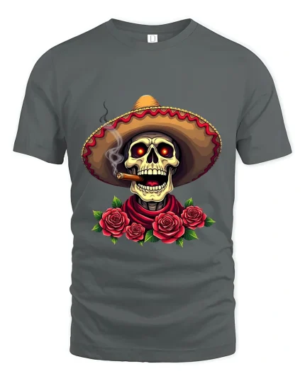 Smoking Skull Sombrero Art Tee Day Of The Dead Graphic T Shirt - gray t-shirt on white background