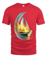 Dreamy Feather Sailboat Art Tee Colorful Ocean Graphic T Shirt - red t-shirt on white background