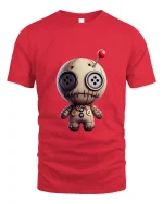 Cute Voodoo Doll Art Tee Funny Spooky Cartoon Graphic T Shirt - red t-shirt on white background
