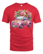 Cute Floral Vintage Car Art Tee Pink Flower Graphic T Shirt - red t-shirt on white background