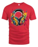 Colorful Music Headphones Art Tee Vibrant Sound Graphic T Shirt - red t-shirt on white background