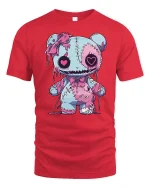 Cute Creepy Stitched Bear Art Tee Kawaii Gothic Graphic T Shirt - red t-shirt on white background