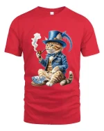 Gentleman Cat Smoking Pipe Art Tee Funny Vintage Graphic T Shirt - red t-shirt on white background