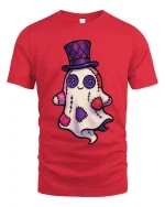 Cute Patchwork Ghost Art Tee Funny Spooky Cartoon Graphic T Shirt - red t-shirt on white background