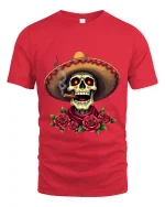 Smoking Skull Sombrero Art Tee Day Of The Dead Graphic T Shirt - red t-shirt on white background