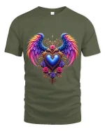Angel Wings Heart Art Tee Spiritual Love Graphic T Shirt - military green t-shirt on white background