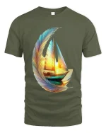 Dreamy Feather Sailboat Art Tee Colorful Ocean Graphic T Shirt - military green t-shirt on white background
