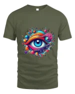 Colorful Music Eye Art Tee Psychedelic Creative Graphic T Shirt - military green t-shirt on white background