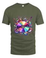 Colorful Music Instruments Art Tee Vibrant Sound Graphic T Shirt - military green t-shirt on white background