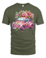 Cute Floral Vintage Car Art Tee Pink Flower Graphic T Shirt - military green t-shirt on white background