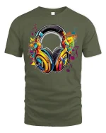 Colorful Music Headphones Art Tee Vibrant Sound Graphic T Shirt - military green t-shirt on white background