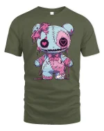 Cute Creepy Stitched Bear Art Tee Kawaii Gothic Graphic T Shirt - military green t-shirt on white background